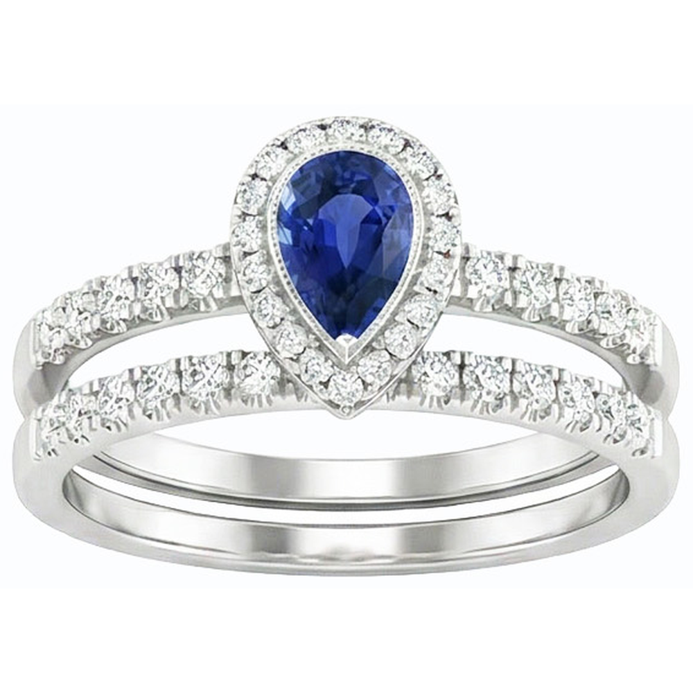 Natural Real ( Not Lab Grown )  Gemstone Halo Engagement Ring Set Pear Blue Sapphire 2.50 Carats