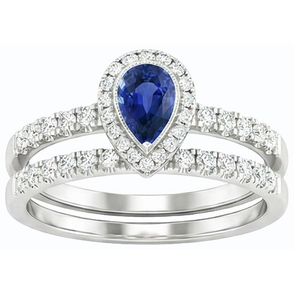 Natural Real ( Not Lab Grown )  Gemstone Halo Engagement Ring Set Pear Blue Sapphire 2.50 Carats