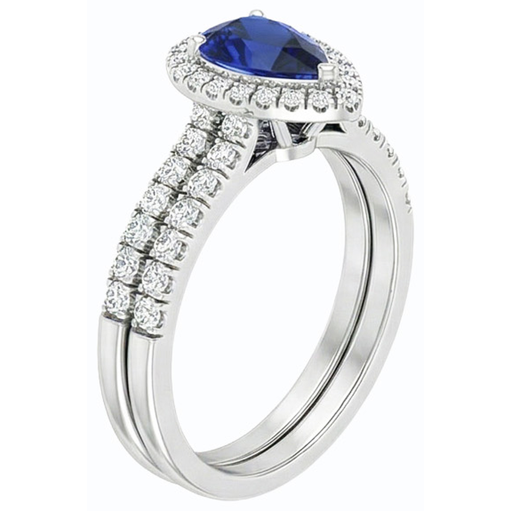 Natural Real ( Not Lab Grown )  Gemstone Halo Engagement Ring Set Pear Blue Sapphire 2.50 Carats