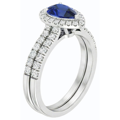 Natural Real ( Not Lab Grown )  Gemstone Halo Engagement Ring Set Pear Blue Sapphire 2.50 Carats