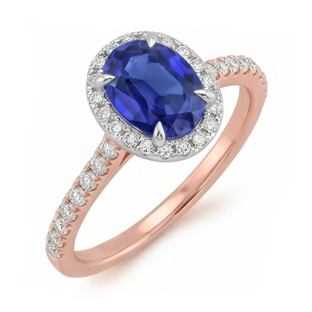 Natural Real ( Not Lab Grown )  Gemstone Halo Ring Oval SriLanka Sapphire 5 Carats Two Tone Gold 14K