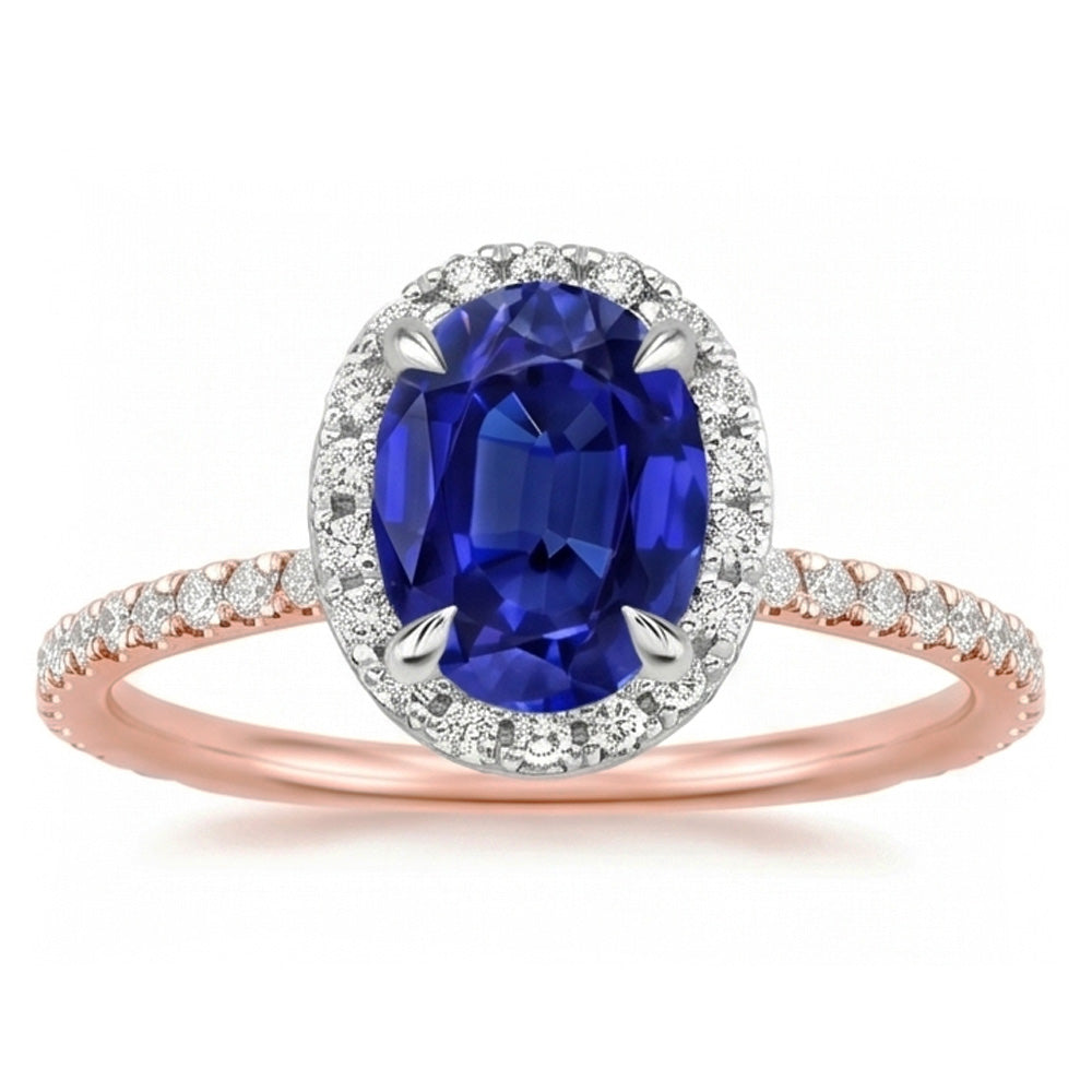 Natural Real ( Not Lab Grown )  Gemstone Halo Ring Oval SriLanka Sapphire 5 Carats Two Tone Gold 14K