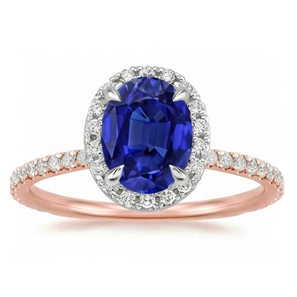Natural Real ( Not Lab Grown )  Gemstone Halo Ring Oval SriLanka Sapphire 5 Carats Two Tone Gold 14K
