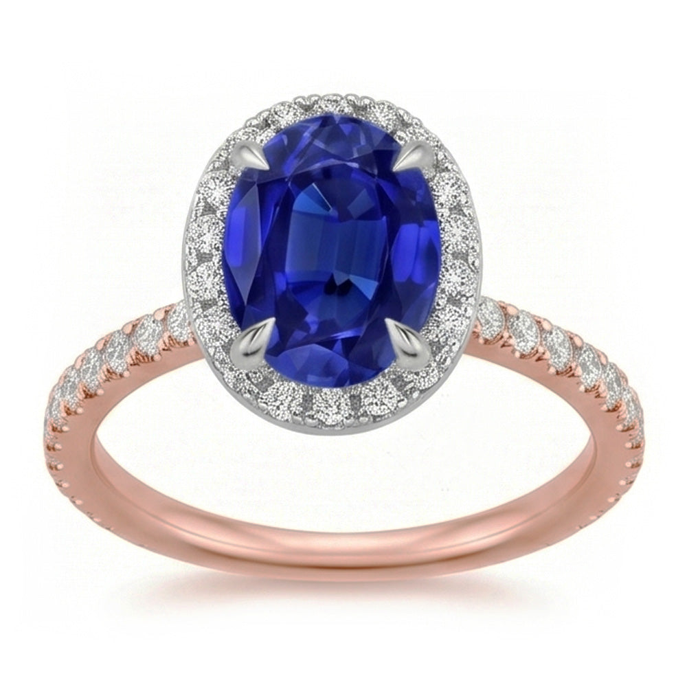 Natural Real ( Not Lab Grown )  Gemstone Halo Ring Oval SriLanka Sapphire 5 Carats Two Tone Gold 14K