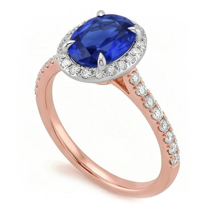 Natural Real ( Not Lab Grown )  Gemstone Halo Ring Oval SriLanka Sapphire 5 Carats Two Tone Gold 14K
