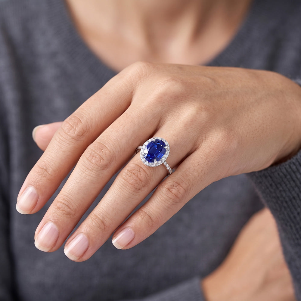 Natural Real ( Not Lab Grown )  Gemstone Halo Ring Oval SriLanka Sapphire 5 Carats Two Tone Gold 14K