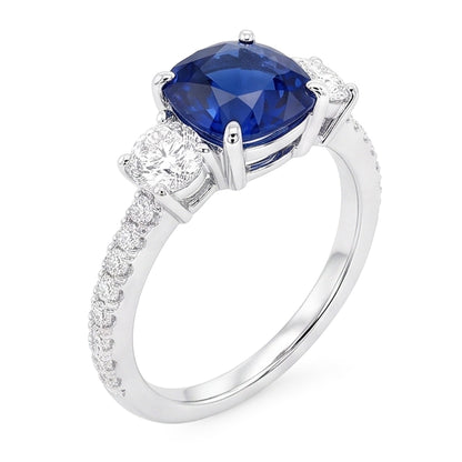Natural Real ( Not Lab Grown )  Gemstone Jewelry Cushion Sapphire Ring 3.50 Carats 3 Stone Style