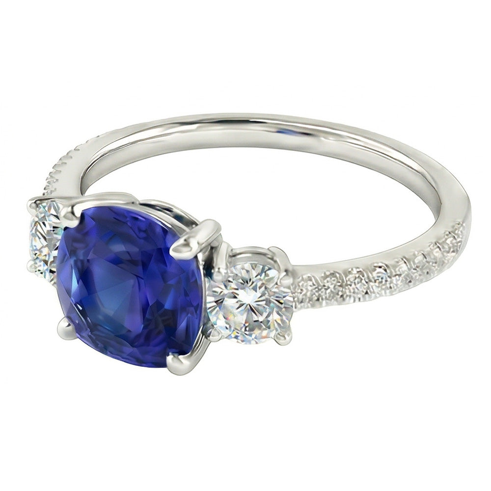 Natural Real ( Not Lab Grown )  Gemstone Jewelry Cushion Sapphire Ring 3.50 Carats 3 Stone Style