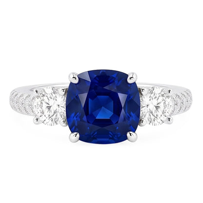 Natural Real ( Not Lab Grown )  Gemstone Jewelry Cushion Sapphire Ring 3.50 Carats 3 Stone Style