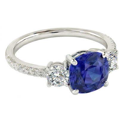 Natural Real ( Not Lab Grown )  Gemstone Jewelry Cushion Sapphire Ring 3.50 Carats 3 Stone Style