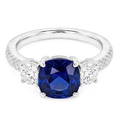 Natural Real ( Not Lab Grown )  Gemstone Jewelry Cushion Sapphire Ring 3.50 Carats 3 Stone Style