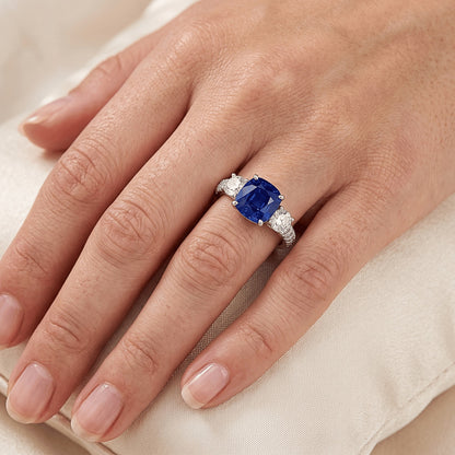 Natural Real ( Not Lab Grown )  Gemstone Jewelry Cushion Sapphire Ring 3.50 Carats 3 Stone Style