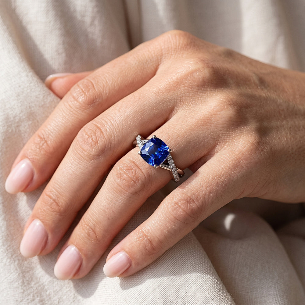 Natural Real ( Not Lab Grown )  Gemstone Jewelry Cushion Sapphire Ring Twisted Shank 2.50 Carats