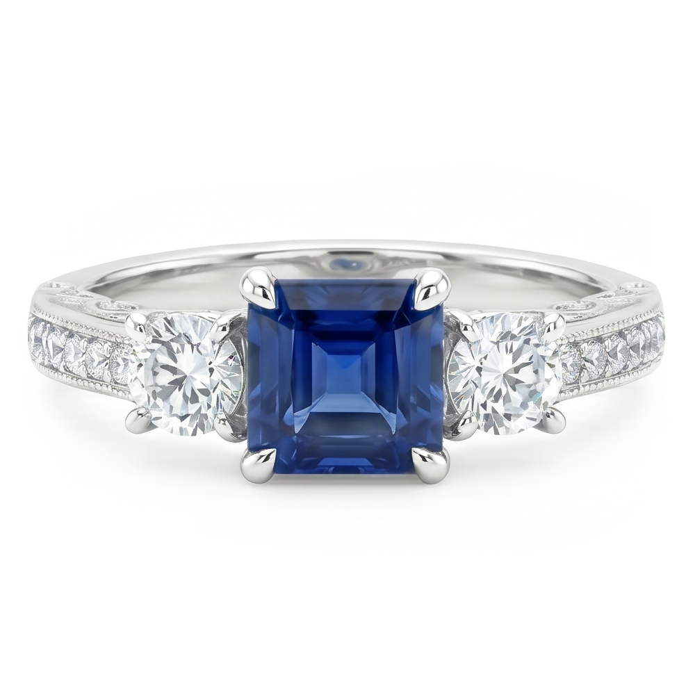 Natural Real ( Not Lab Grown )  Gemstone Princess Sapphire Ring 5 Ct Trapezoid & Round Diamonds
