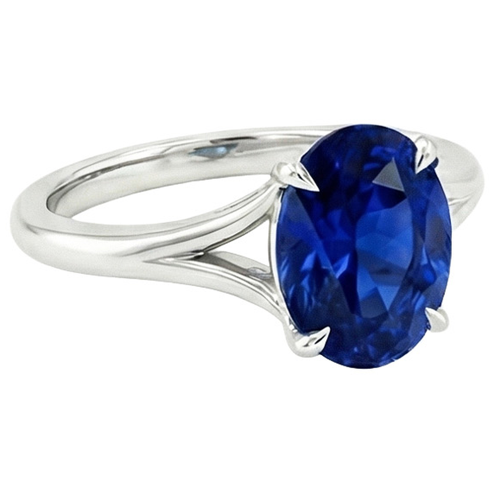 Natural Real ( Not Lab Grown )  Gold Solitaire Blue Sapphire Ring Prong Set Oval Split Shank 3 Carats
