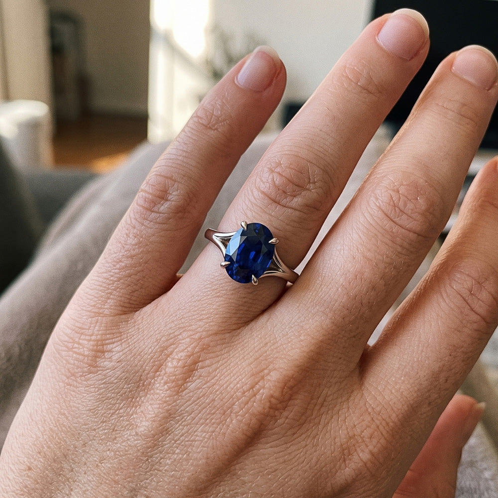 Natural Real ( Not Lab Grown )  Gold Solitaire Blue Sapphire Ring Prong Set Oval Split Shank 3 Carats
