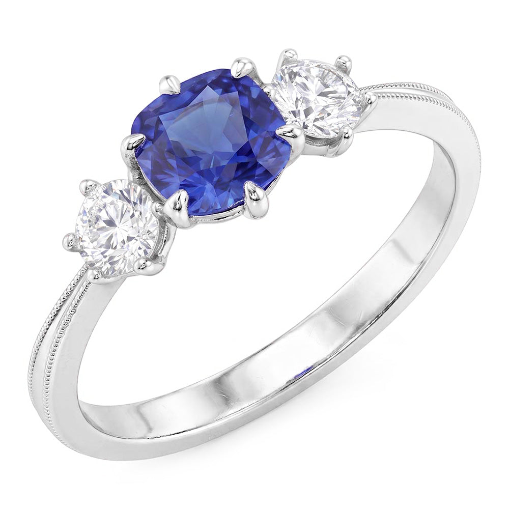 Natural Real ( Not Lab Grown )  Gold Three Stone Cushion Cut Sapphire Ring 2 Carats Ladies Jewelry