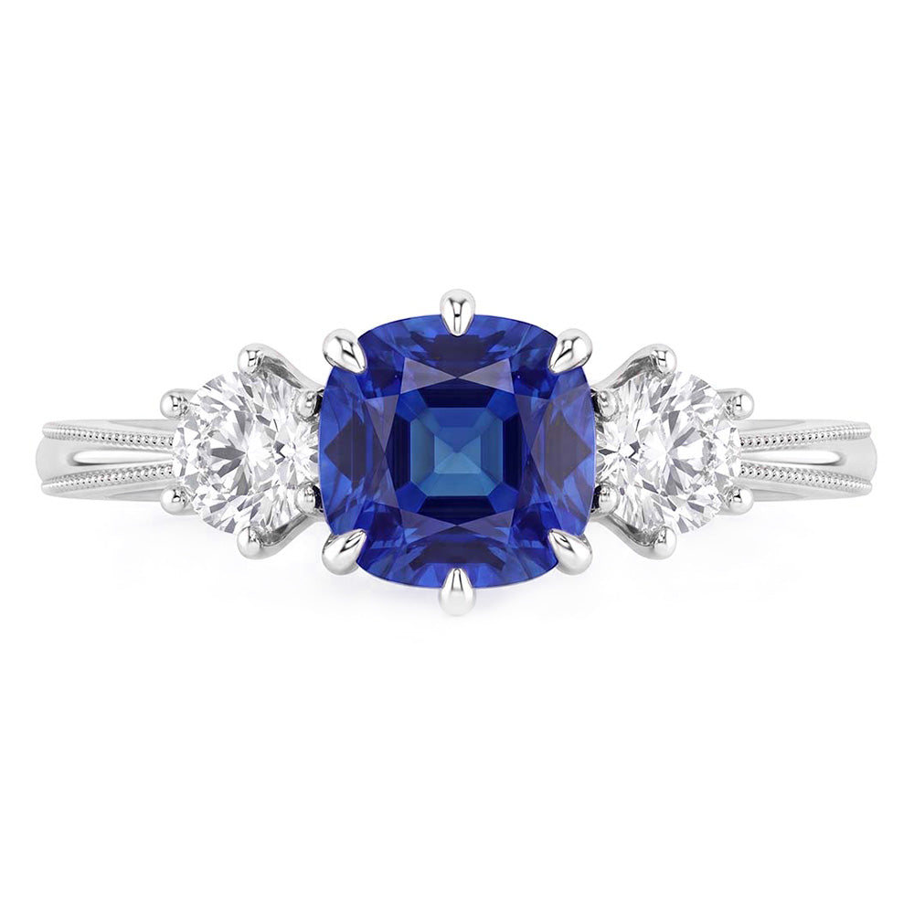 Natural Real ( Not Lab Grown )  Gold Three Stone Cushion Cut Sapphire Ring 2 Carats Ladies Jewelry