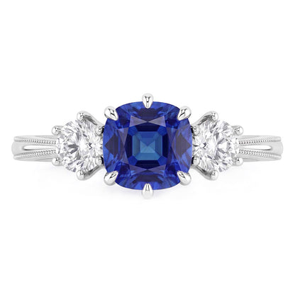 Natural Real ( Not Lab Grown )  Gold Three Stone Cushion Cut Sapphire Ring 2 Carats Ladies Jewelry