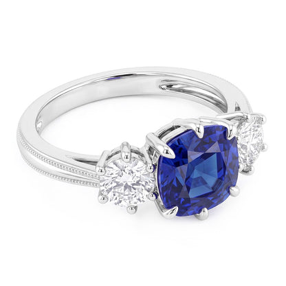 Natural Real ( Not Lab Grown )  Gold Three Stone Cushion Cut Sapphire Ring 2 Carats Ladies Jewelry