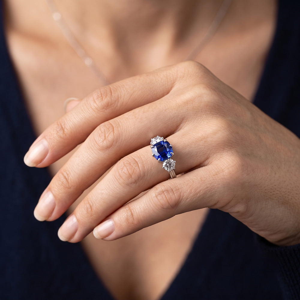 Natural Real ( Not Lab Grown )  Gold Three Stone Cushion Cut Sapphire Ring 2 Carats Ladies Jewelry