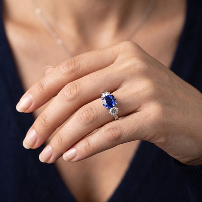Natural Real ( Not Lab Grown )  Gold Three Stone Cushion Cut Sapphire Ring 2 Carats Ladies Jewelry