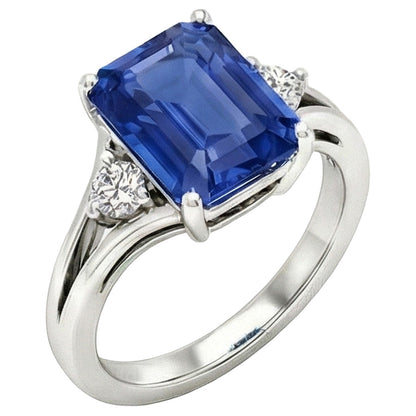 Natural Real ( Not Lab Grown )  Gold Three Stone Emerald Blue Sapphire Ring 2.50 Carats Split Shank