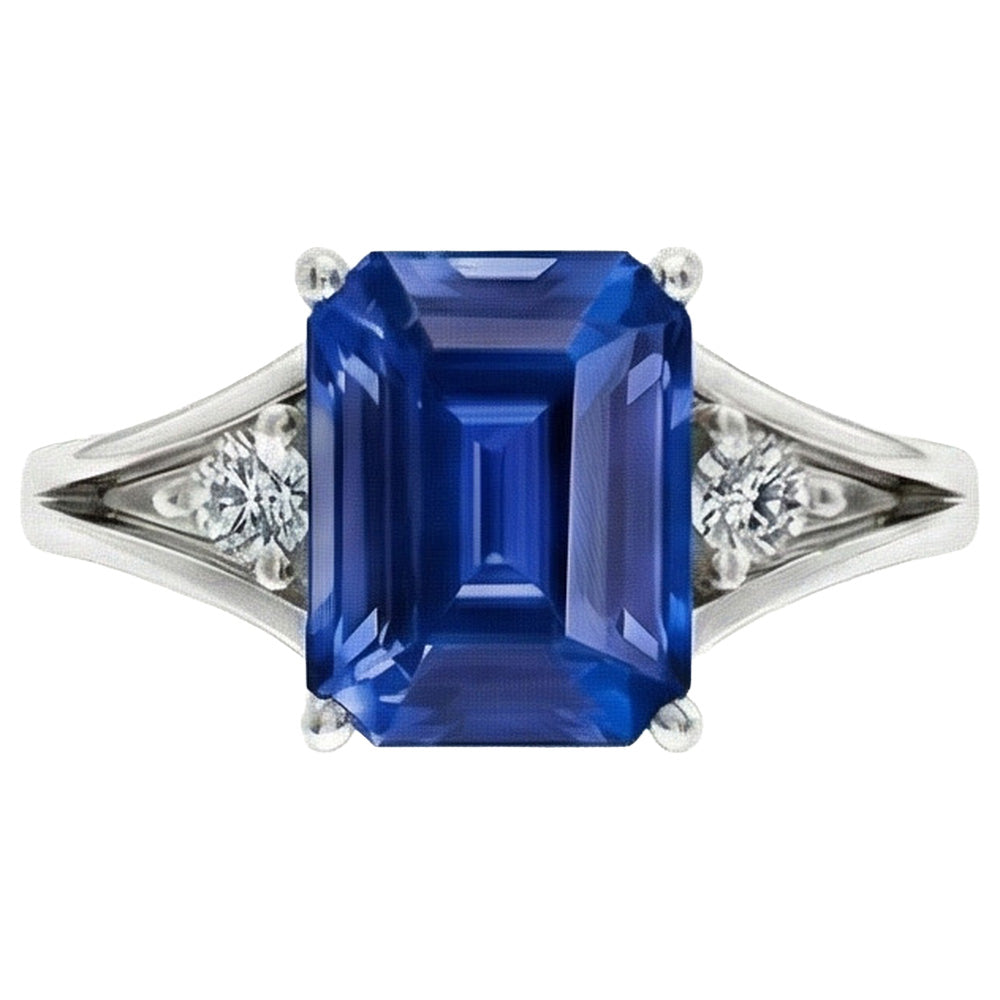 Natural Real ( Not Lab Grown )  Gold Three Stone Emerald Blue Sapphire Ring 2.50 Carats Split Shank