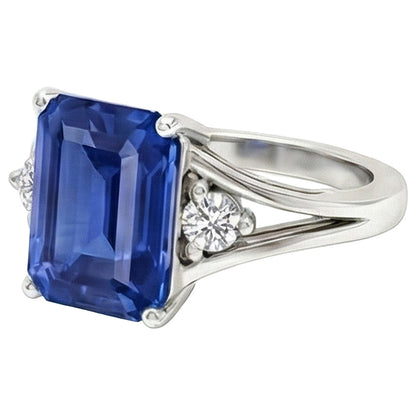Natural Real ( Not Lab Grown )  Gold Three Stone Emerald Blue Sapphire Ring 2.50 Carats Split Shank