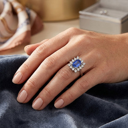 Natural Real ( Not Lab Grown )  Halo Blue Sapphire Wedding Ring Emerald 2.50 Carats Flower Style