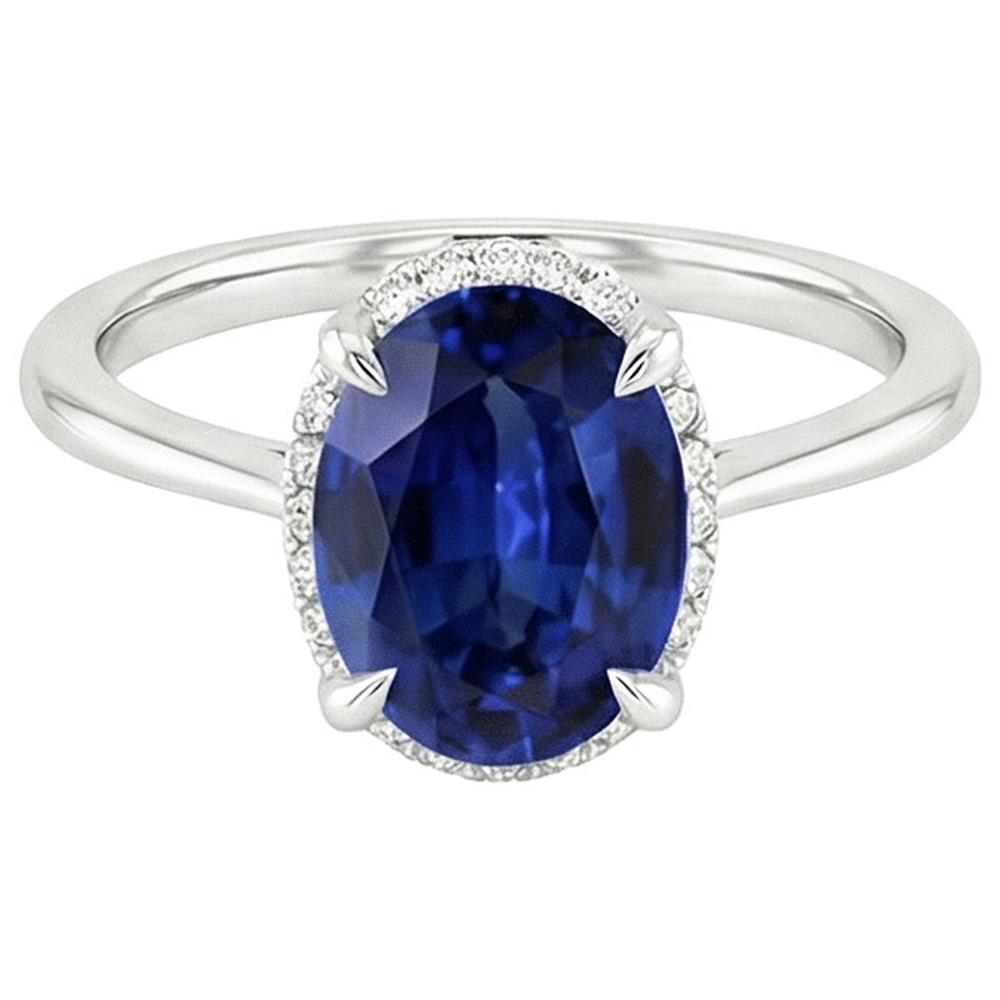 Natural Real ( Not Lab Grown )  Halo Ceylon Sapphire Ring Oval Cut 3.50 Carats Prong Setting