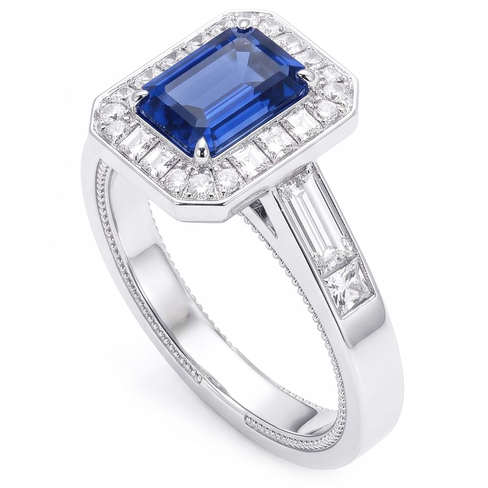 Natural Real ( Not Lab Grown )  Halo Emerald Blue Sapphire Engagement Ring 3.50 Carats Jewelry