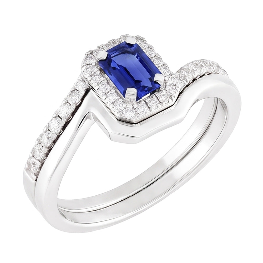 Natural Real ( Not Lab Grown )  Halo Emerald Sapphire Engagement Ring Set With Matching Band 3 Carats