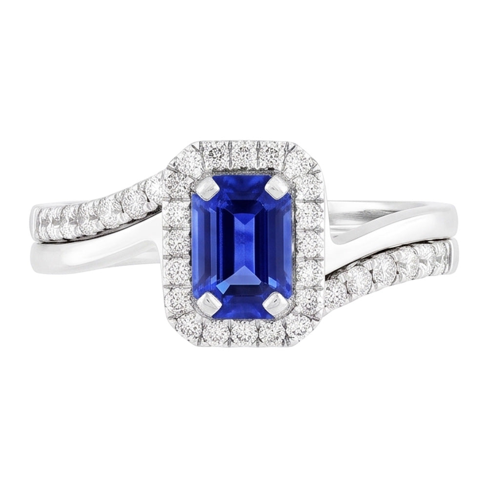 Natural Real ( Not Lab Grown )  Halo Emerald Sapphire Engagement Ring Set With Matching Band 3 Carats