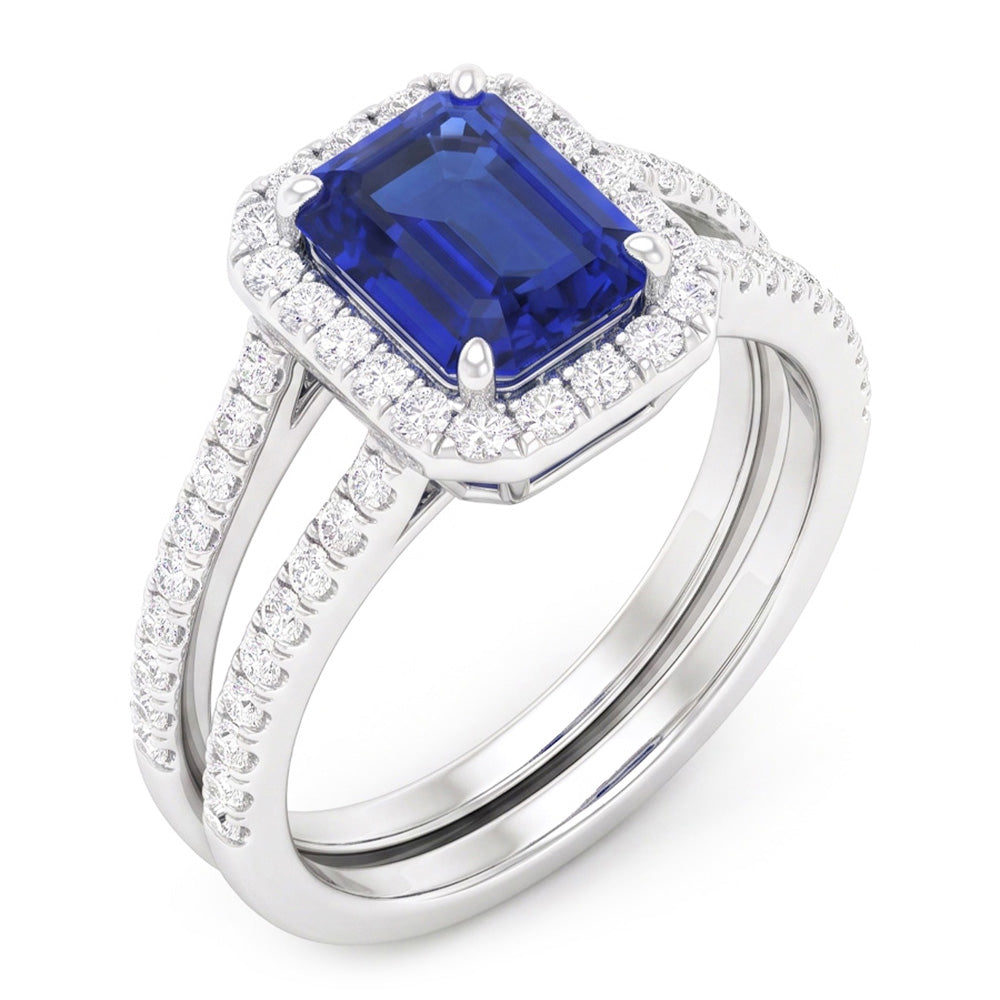 Natural Real ( Not Lab Grown )  Halo Emerald Sapphire Wedding Ring Set 4.50 Carats White Gold Jewelry