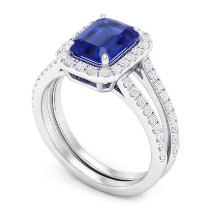 Natural Real ( Not Lab Grown )  Halo Emerald Sapphire Wedding Ring Set 4.50 Carats White Gold Jewelry