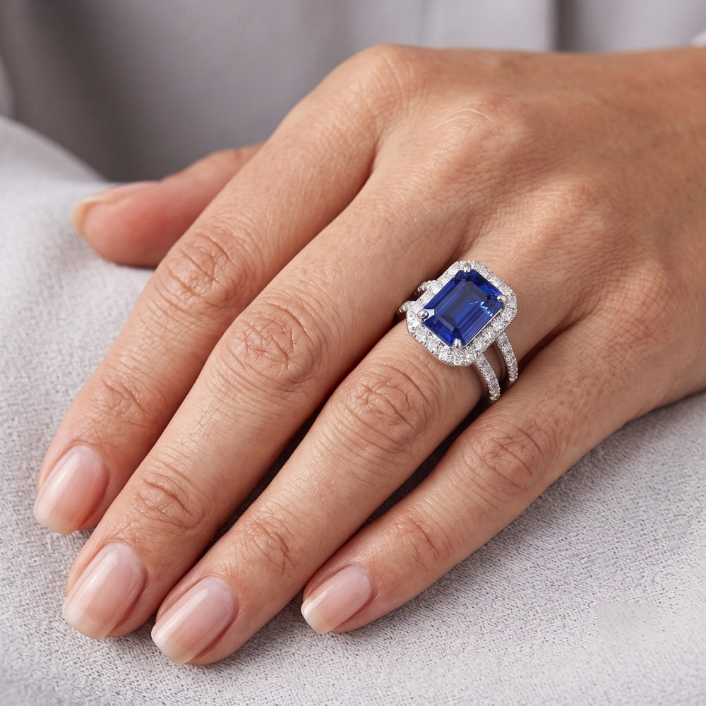 Natural Real ( Not Lab Grown )  Halo Emerald Sapphire Wedding Ring Set 4.50 Carats White Gold Jewelry