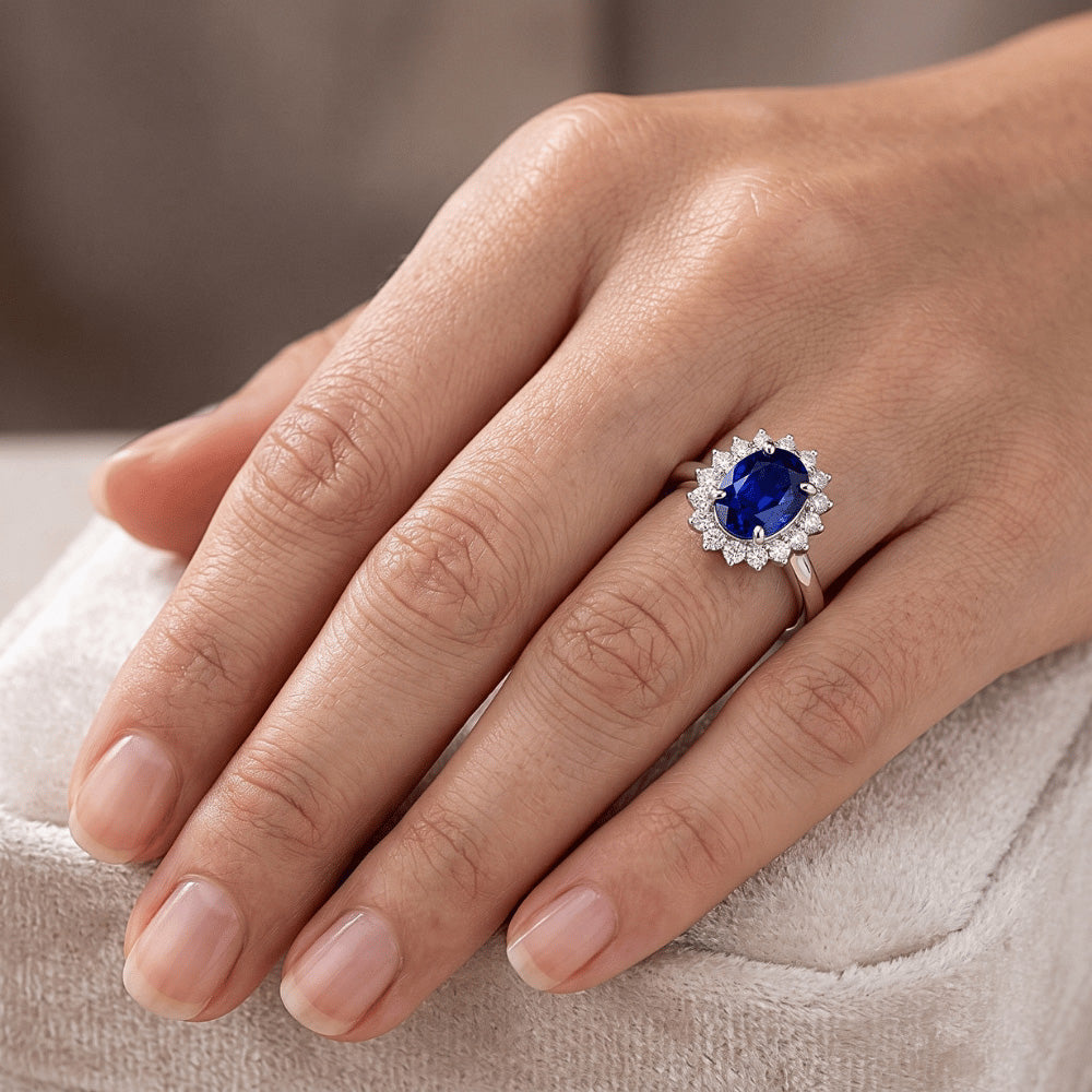 Natural Real ( Not Lab Grown )  Halo Engagement Ring Oval Srilanka Sapphire Sunburst Style 2.50 Carats