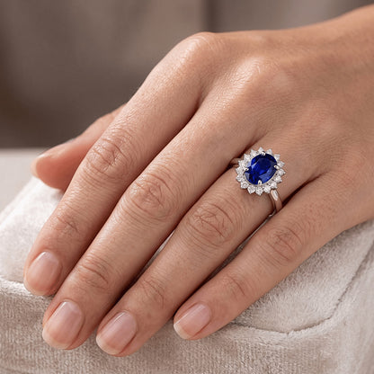 Natural Real ( Not Lab Grown )  Halo Engagement Ring Oval Srilanka Sapphire Sunburst Style 2.50 Carats