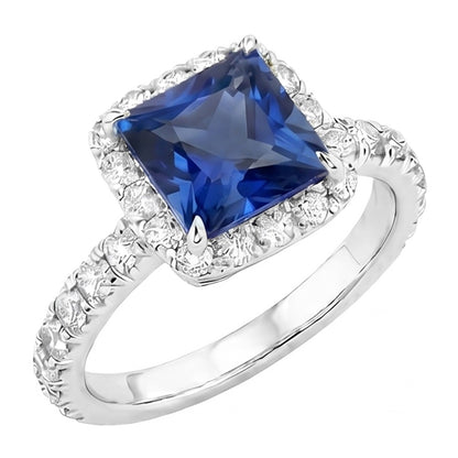 Natural Real ( Not Lab Grown )  Halo Engagement Ring Princess Blue Sapphire With Accents 6.50 Carats