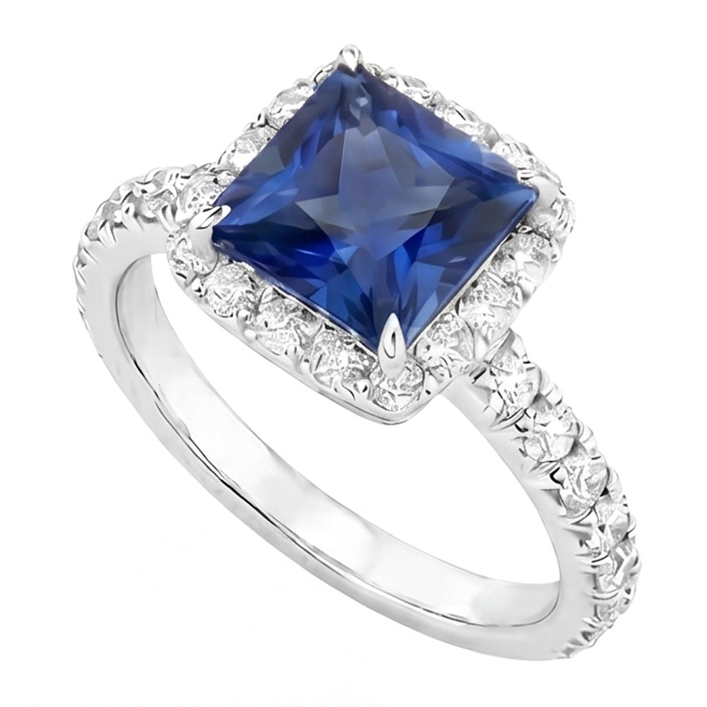 Natural Real ( Not Lab Grown )  Halo Engagement Ring Princess Blue Sapphire With Accents 6.50 Carats