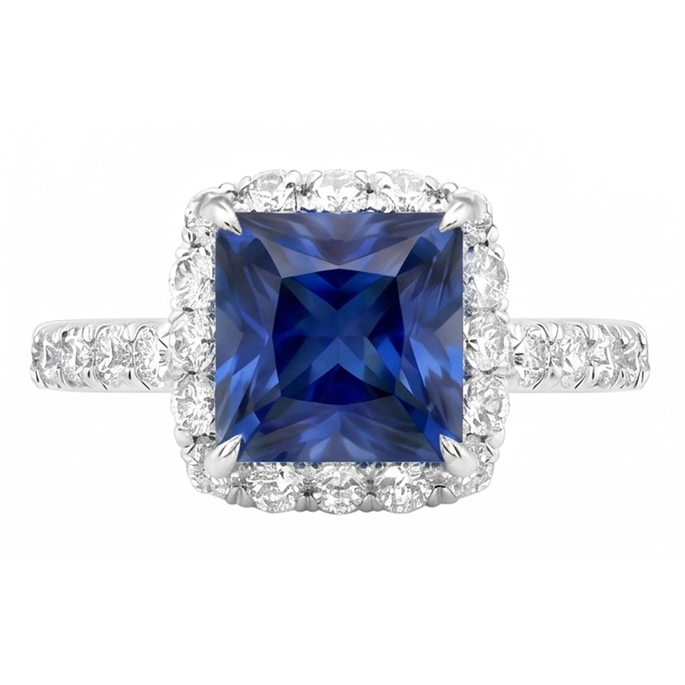 Natural Real ( Not Lab Grown )  Halo Engagement Ring Princess Blue Sapphire With Accents 6.50 Carats