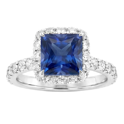 Natural Real ( Not Lab Grown )  Halo Engagement Ring Princess Blue Sapphire With Accents 6.50 Carats