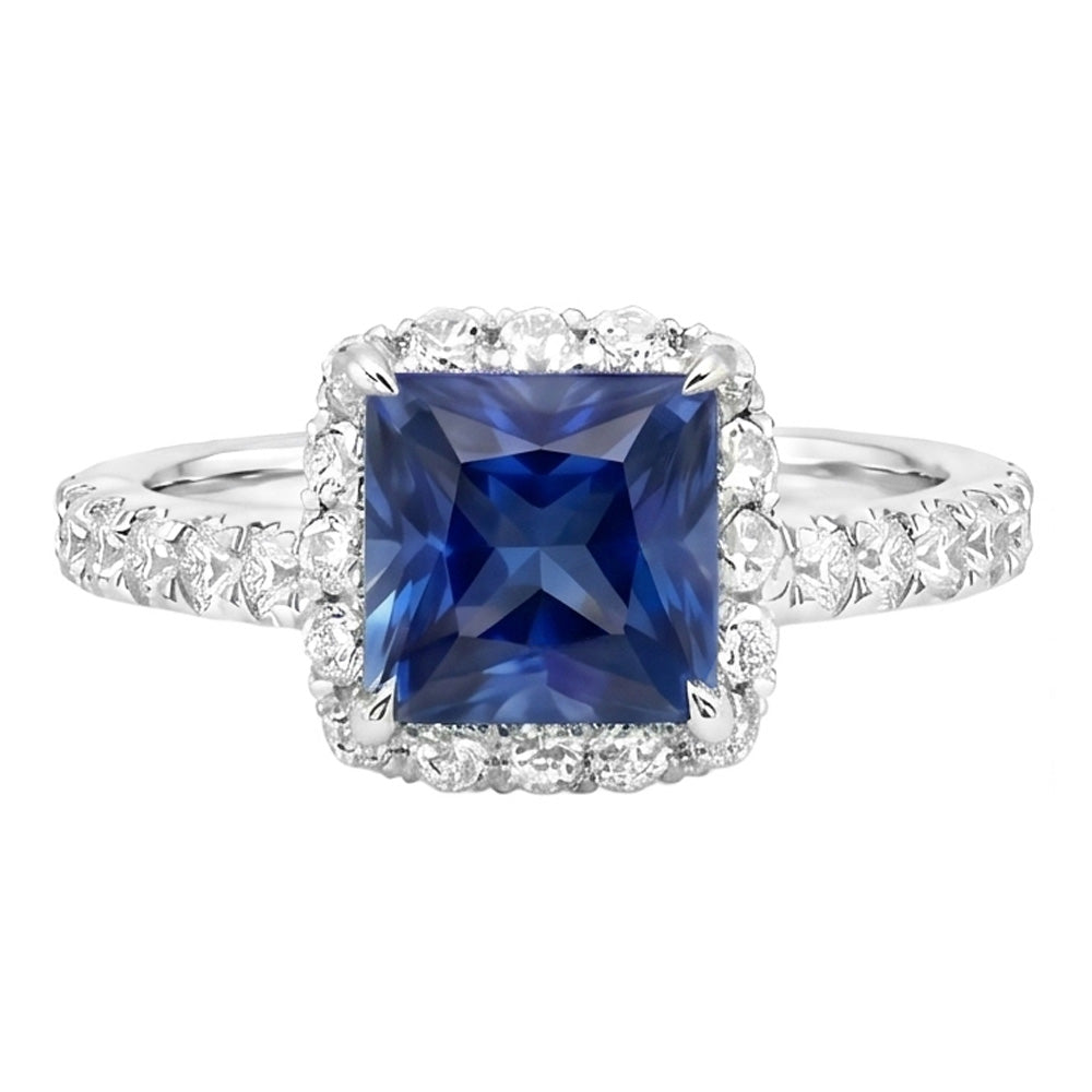 Natural Real ( Not Lab Grown )  Halo Engagement Ring Princess Blue Sapphire With Accents 6.50 Carats
