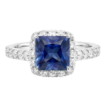 Natural Real ( Not Lab Grown )  Halo Engagement Ring Princess Blue Sapphire With Accents 6.50 Carats
