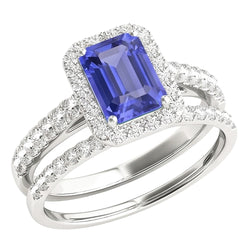 Natural Real ( Not Lab Grown )  Halo Engagement Ring Set Emerald Blue Sapphire With Gold Band 4 Carats