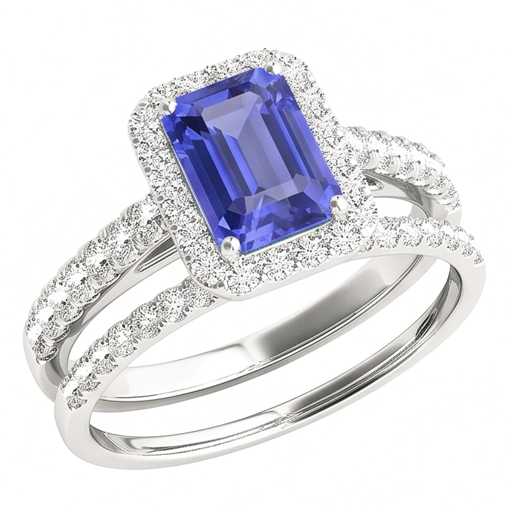Natural Real ( Not Lab Grown )  Halo Engagement Ring Set Emerald Blue Sapphire With Gold Band 4 Carats