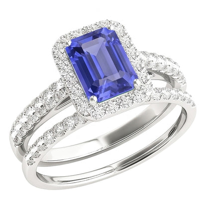 Natural Real ( Not Lab Grown )  Halo Engagement Ring Set Emerald Blue Sapphire With Gold Band 4 Carats