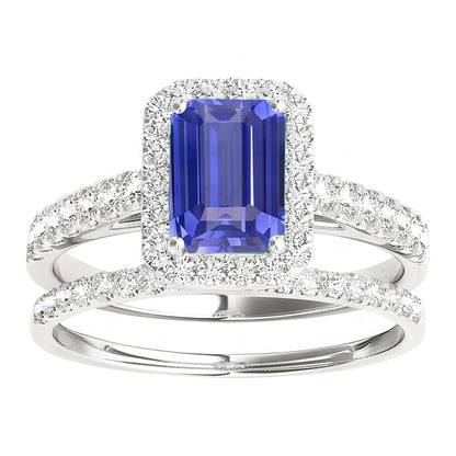 Natural Real ( Not Lab Grown )  Halo Engagement Ring Set Emerald Blue Sapphire With Gold Band 4 Carats