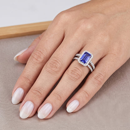 Natural Real ( Not Lab Grown )  Halo Engagement Ring Set Emerald Blue Sapphire With Gold Band 4 Carats